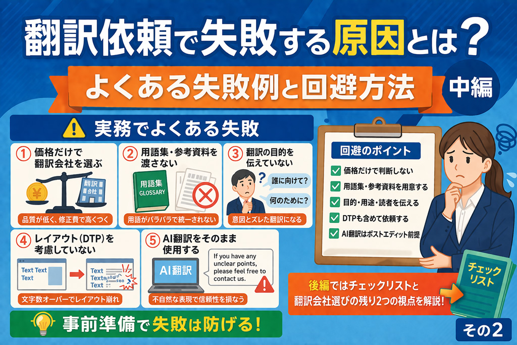 翻訳依頼でよくある失敗例と回避方法を図解したイラスト（価格重視・用語不足・目的不明・DTP未対応・AI翻訳の課題）