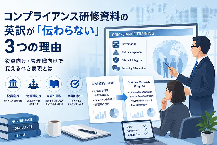 コンプライアンス研修資料の英訳で、役員向け・管理職向けに表現を調整し、用語を統一するイメージ