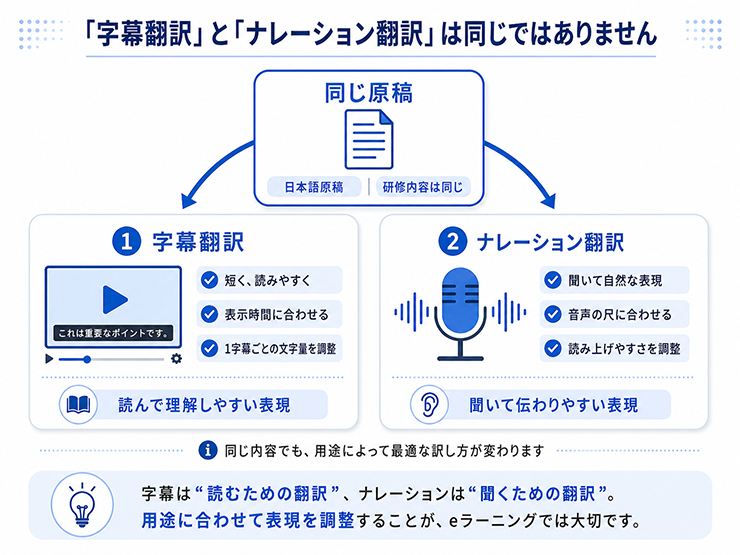 同じ原稿でも、字幕翻訳では短く読みやすい表現、ナレーション翻訳では聞いて自然な表現が必要であることを示したイラスト